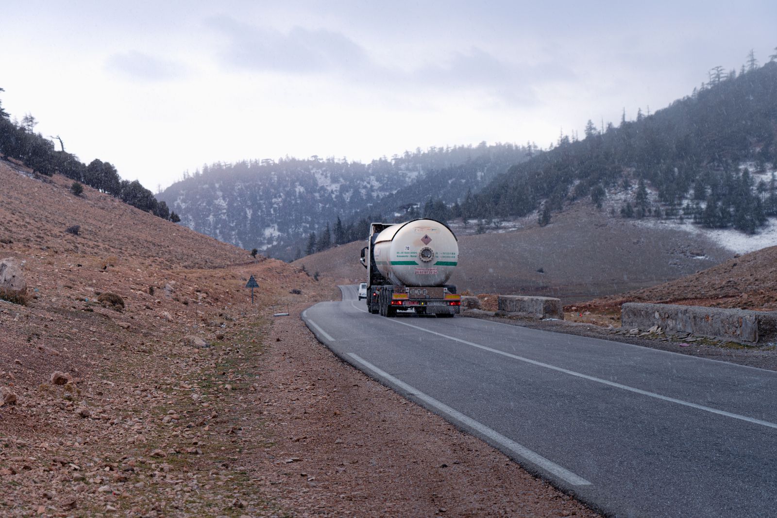 LPG bowser on a snowy mountain road